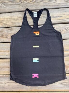 PINK Victoria's Secret Black Racerback Tank with Vertical Ombré Rainbow Letters